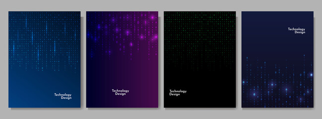 Vector illustration. Binary code dark background. Software programming concept. Glowing numbers and dots. Digital data. Technological style. Design for brochure, book cover, magazine, poster, layout