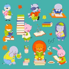 Sticker - Animal reading and study. Cute cartoon elephant, bunny and lion read books. Smart wild animals, back to school childish nowaday vector characters