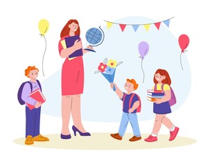 Wall Mural - Teachers day. Kindergarten teacher and little happy child with flowers. Smiling kids give gifts to young woman. Birthday party, school education kicky vector scene