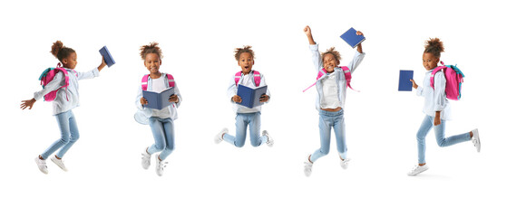 Poster - Set of jumping little African-American schoolgirl on white background