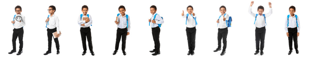 Poster - Set of little African-American schoolboy on white background