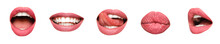 Set Of Pink Female Lips On White Background