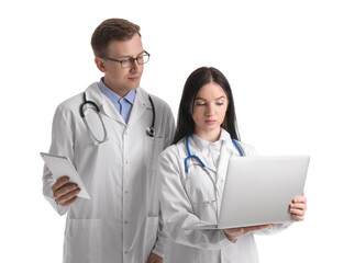 Wall Mural - Medical assistants with laptop and tablet computer on white background