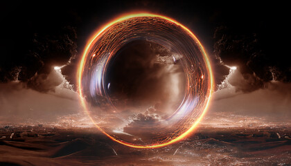 Abstract futuristic fantasy desert landscape, fiery circle, neon circle. Gloomy clouds, clouds, light circle. Sci-fi landscape of an alien planet. Unreal world. 3D illustration.