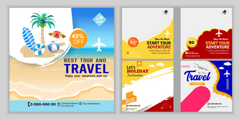 Social media Travel and tours ad design. Enjoy Holiday Adventure Template. social media post template. Travel agency Poster. Truism Vacation Discount Banner.	