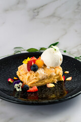 Canvas Print - puff pastry cake with ice cream and fresh berries