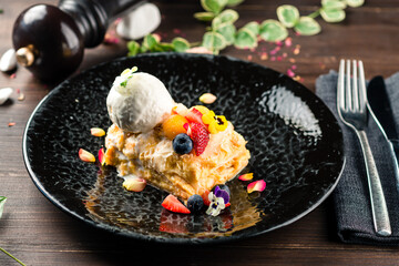 Canvas Print - puff pastry cake with ice cream and fresh berries