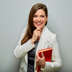 Accountant woman with red book isolated portrait.