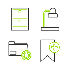 Sticker - Set line Bookmark, Folder settings with gears, Table lamp and Archive papers drawer icon. Vector