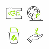 Fototapeta Psy - Set line Sprout in hand of environmental protection, Recycle bin with recycle symbol, Earth globe plant and Stop ocean plastic pollution icon. Vector