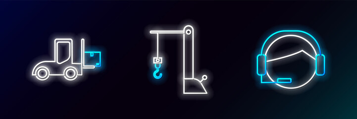 Canvas Print - Set line Support operator in touch, Forklift truck and Harbor crane icon. Glowing neon. Vector