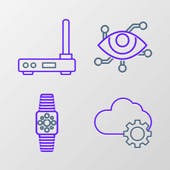 Sticker - Set line Cloud technology data transfer and storage, Smartwatch, Virtual reality and Router wi-fi signal icon. Vector