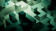 Neatly Arranged Glossy Cubes. Green And Black, Futuristic Tech Wallpaper. 3D Render.