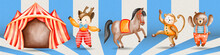 Happy Circus Watercolor Animals Illustrations. Circus Cartoon Animals. Watercolor Circus..