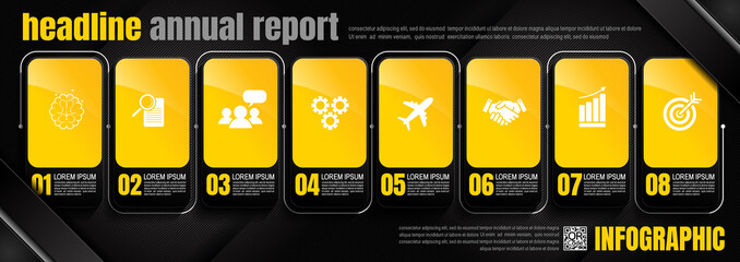 Wall Mural - infographics design, 8 process chart diagram template for presentation workflow, abstract timeline elements, flow chart business black color layout concept