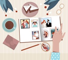 Family Photo Album. Womans Hand Turns Pages Of Book With Photographs. Happy Bright Memory Of Best Moments. Wedding, Birth Of Child, Photo With Domestic Animals. Cartoon Flat Vector Illustration