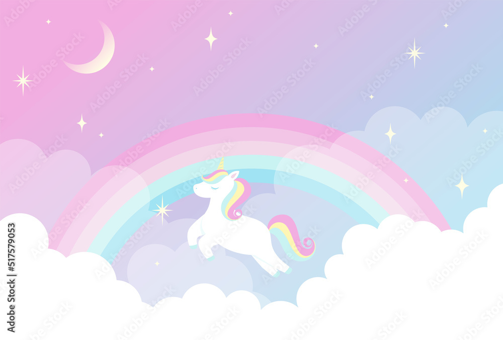 vector background with a rainbow unicorn in cloudy sky for banners ...
