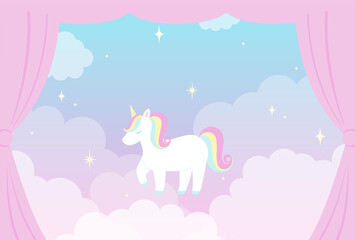 Wall Mural - vector background with a rainbow unicorn in cloudy sky for banners, cards, flyers, social media wallpapers, etc.