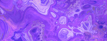 Flowing Abstract Acrylic Pour Banner In Beautiful Violet And Purple Colors. Paint Texture With Gold Glitter.