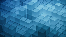 Blue, Translucent Cubes Neatly Arranged To Create A Futuristic Tech Background. 3D Render.