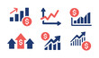 Inflation icon vector set. Dollar chart and graph rise up, cost price increase symbol illustration.
