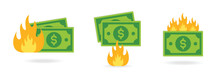 Inflation With Dollar Bills Money On Fire Vector Icon Illustration Set.