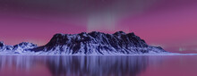 Magenta Aurora Borealis Over Snow Covered Landscape. Magical Northern Lights Wallpaper With Copy-space.