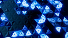 Illuminated, Blue Polygonal Surface With Tetrahedrons. Futuristic, Neon 3d Background.