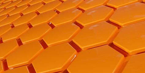 Wall Mural - Abstract modern orange glossy hexagon background using as header, 3d rendering