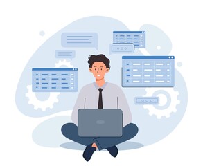 Wall Mural - software developers with laptop. programmer writes code, develops application or program. remote emp
