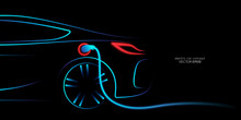 Electric Car Charging By Sketch Line Side View Blue Green And Red Glowing Light Line Isolated On Black Background. Vector Illustration.