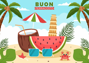 Buon Ferragosto Italian Summer Festival in Beach Cartoon Illustration on Public Holiday Celebrated on 15 August in Flat Style Design