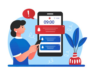 Wall Mural - push notifications concept. woman with smartphone checks news in applications. program updates, mess