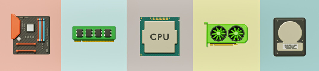 cartoon style simple computer components set. computer hardware accessories parts. motherboard, ram, cpu, graphics card and Hdd storage. 3d rendering
