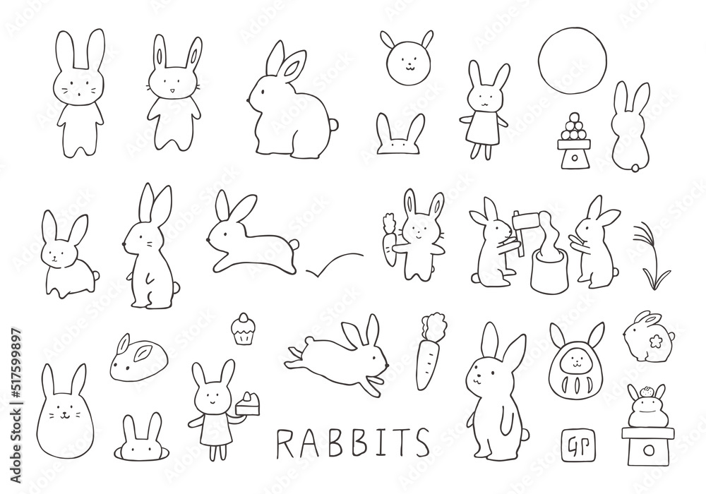 【うさぎ】手描きイラスト 手描きのうさぎイラスト詰め合わせセット（モノクロ線画） の