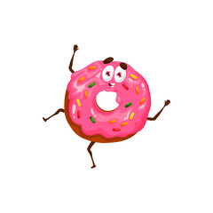 Sticker - Pink glazed donut dessert character, happy sweet food, vector kids personage. Cartoon donut with face or emoticon with cute smile, dancing and laughing, kids dessert menu or pastry package design