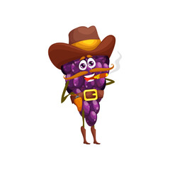 Sticker - Cartoon grape sheriff character, vector garden berry ranger in cowboy hat smoking cigar. Wild west hero with gun on belt, western personage healthy food