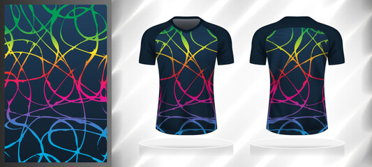 Vector sport pattern design template for V-neck T-shirt front and back view mockup. Dark and light shades of blue-green-yellow-pink color gradient color curve line texture background illustration.