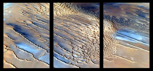 Wall Mural - The power of the wind, triptych in black base on abstract photography of the deserts of Africa from the air,