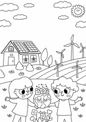 Wall Mural - Vector black and white eco life scene with cute kids. Vertical card template with line ecological landscape. Green city illustration with forest, children, plants. Earth day coloring page.