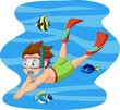 Cartoon little boy swimming and diving in underwater with tropical fish