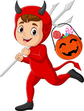 Cartoon Red Devil Carrying Candy In A Pumpkin Basket