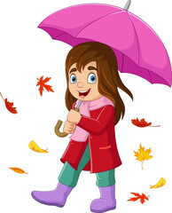 Wall Mural - Cartoon little girl with umbrella and autumn leaves