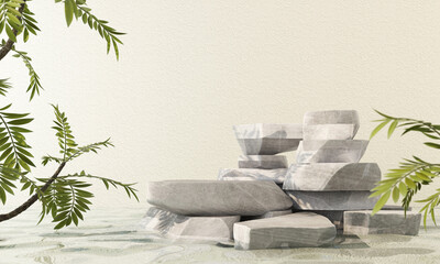 Wall Mural - Premium podium made of concrete stone rock on background with plant branches,leaves and natural water.Mock up for the exhibitions,presentation of products, therapy, relaxation and health -3d render.