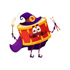 Sticker - Cartoon drum wizard character. Isolated vector magician percussion instrument with wand and drumsticks. Funny fairy tale personage in purple witch hat and cape, music education class for kids, concert