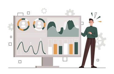Wall Mural - site stats concept. man stands next to graphs and charts, analytical department collects information