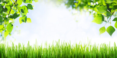 Aufkleber - Grass and leaves in front of blue sunny sky