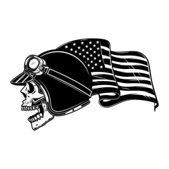 Sticker - Racer skull on usa flag background. Biker skull. Design element for poster, card, banner, sign. Vector illustration