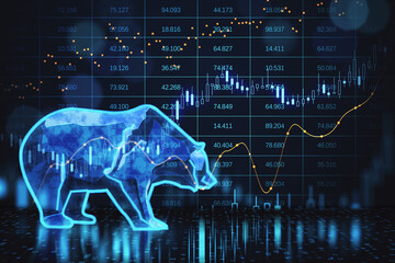 Silhouette form hologram of bear on financial stock market graph representing stock market crash or down trend investment on dark backdrop. 3D Rendering.