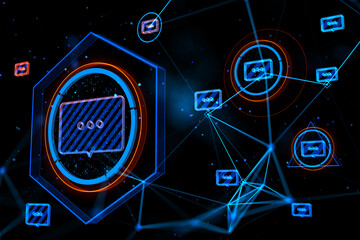 Creative glowing connected communication hologram on dark background. Technology and wireless networking concept. 3D Rendering.